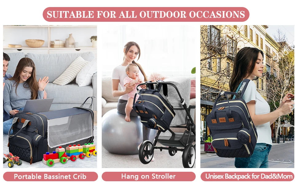 3 In 1 Diaper Bag Backpack Foldable Baby Bed with USB Charge