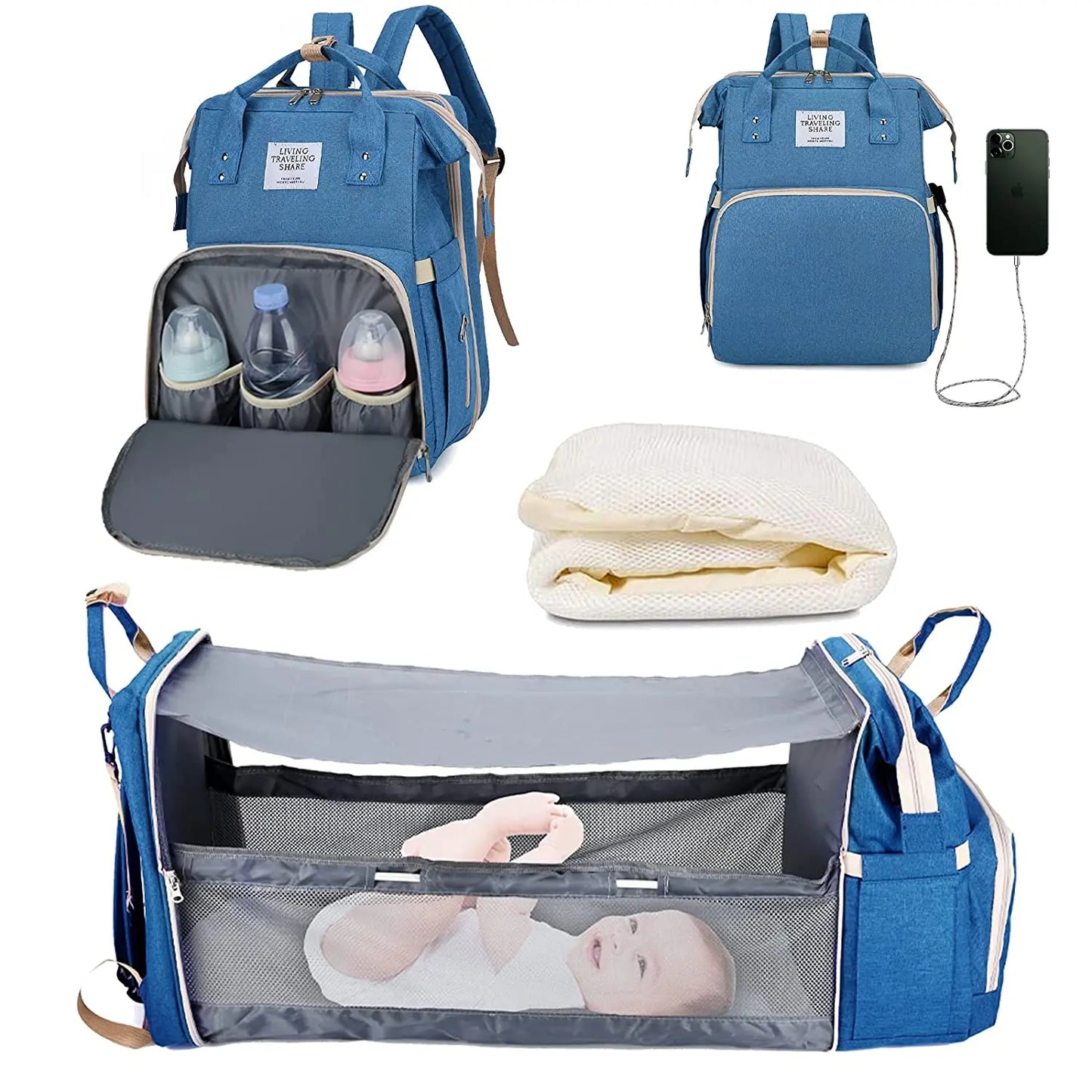 3 In 1 Diaper Bag Backpack Foldable Baby Bed with USB Charge