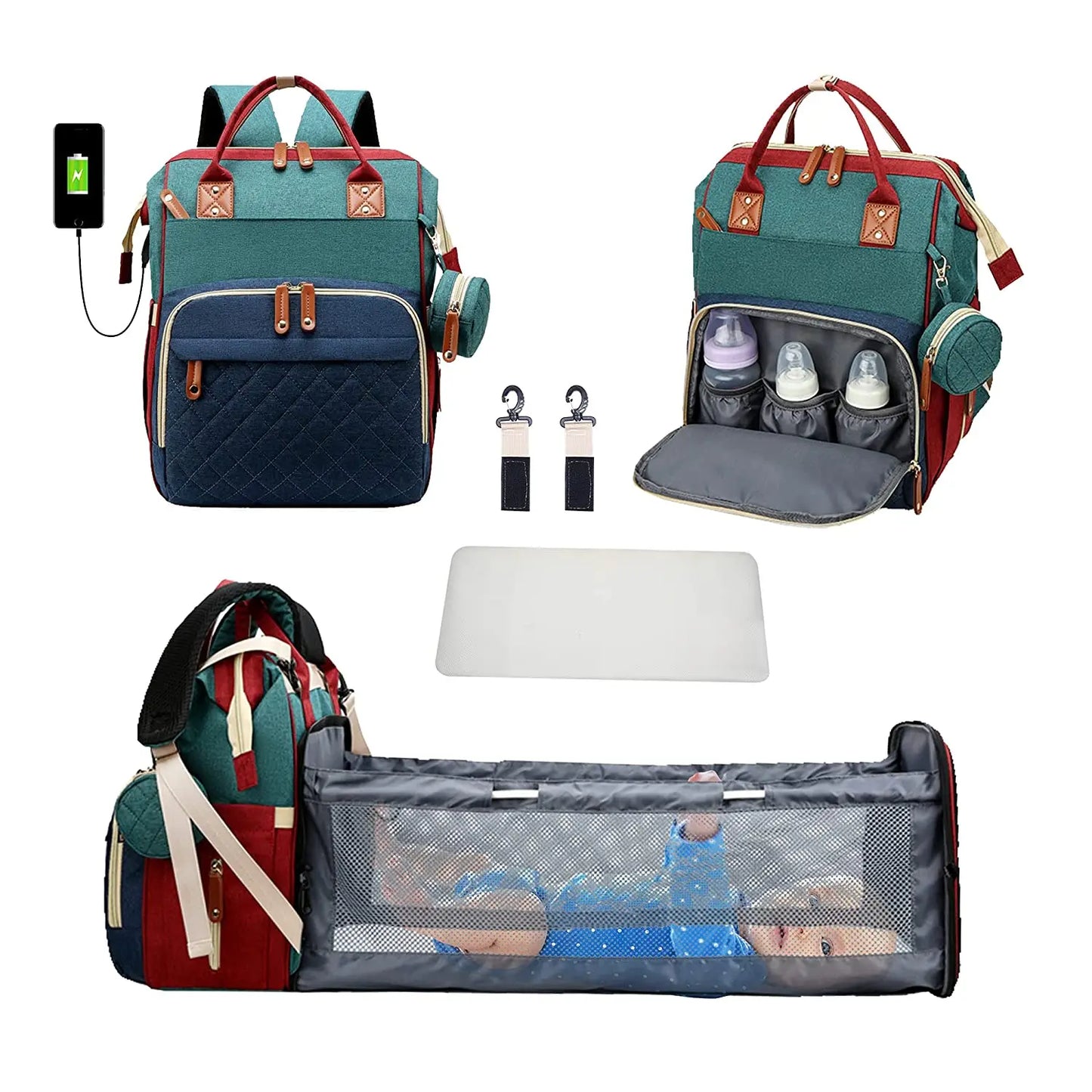 3 In 1 Diaper Bag Backpack Foldable Baby Bed with USB Charge
