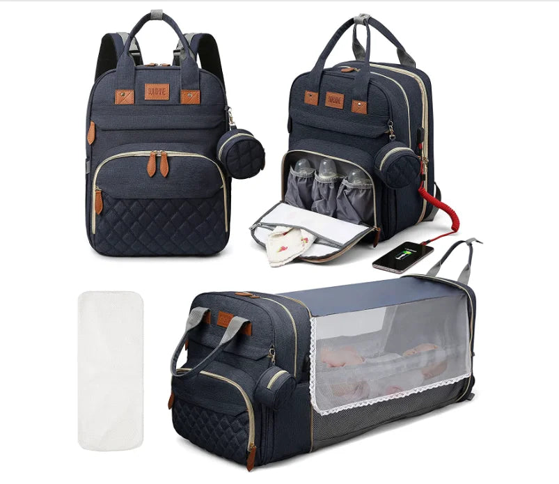 3 In 1 Diaper Bag Backpack Foldable Baby Bed with USB Charge
