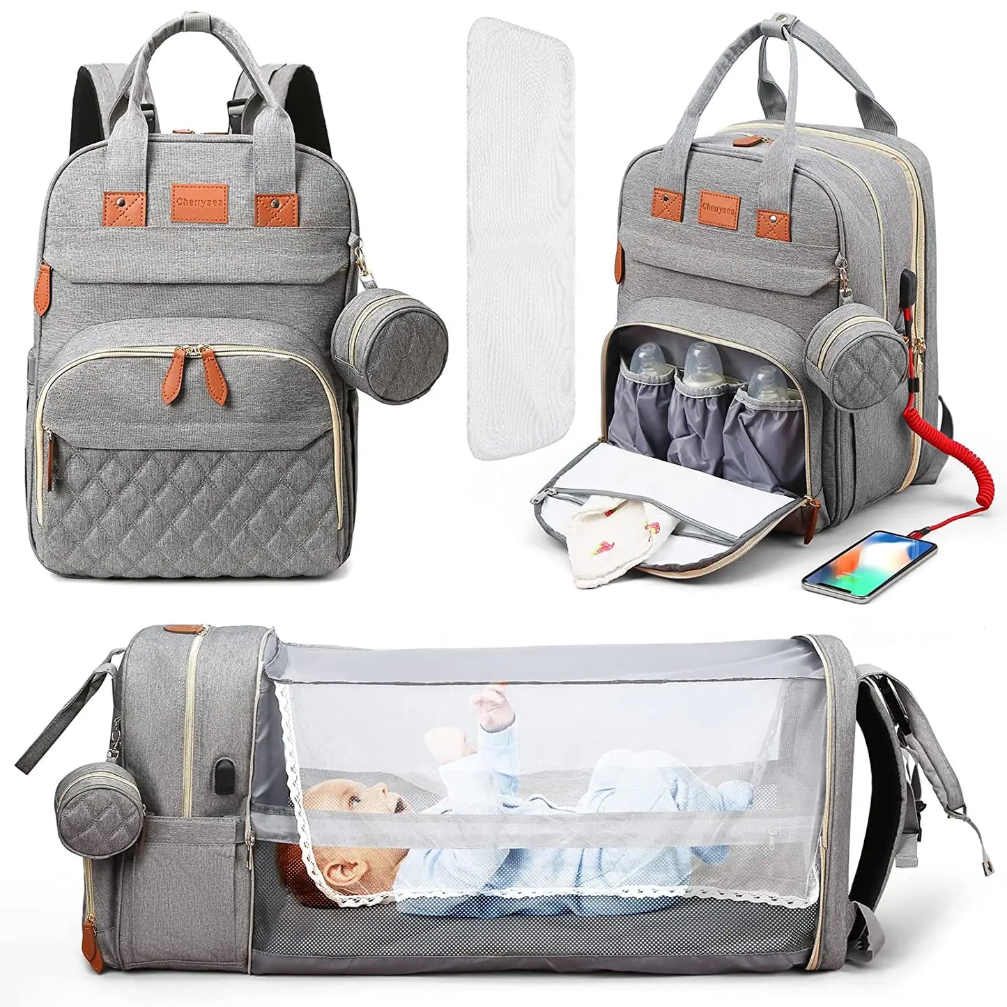 3 In 1 Diaper Bag Backpack Foldable Baby Bed with USB Charge