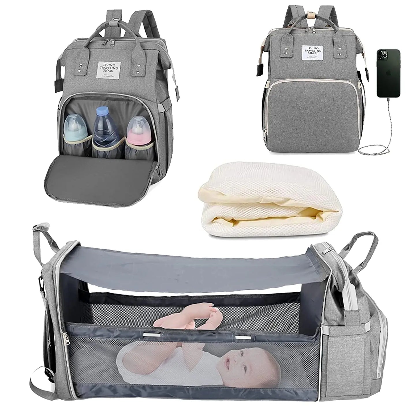 3 In 1 Diaper Bag Backpack Foldable Baby Bed with USB Charge