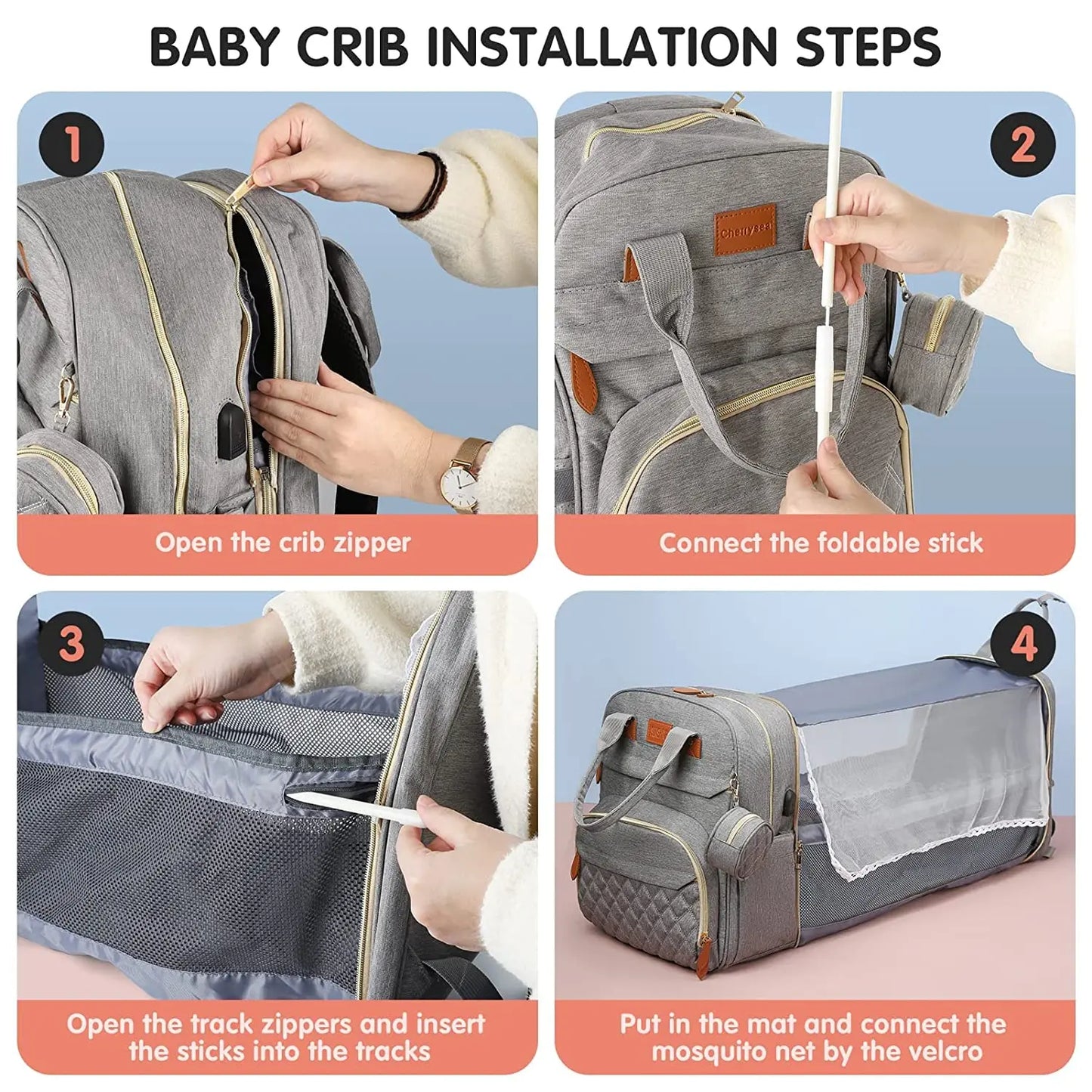 3 In 1 Diaper Bag Backpack Foldable Baby Bed with USB Charge