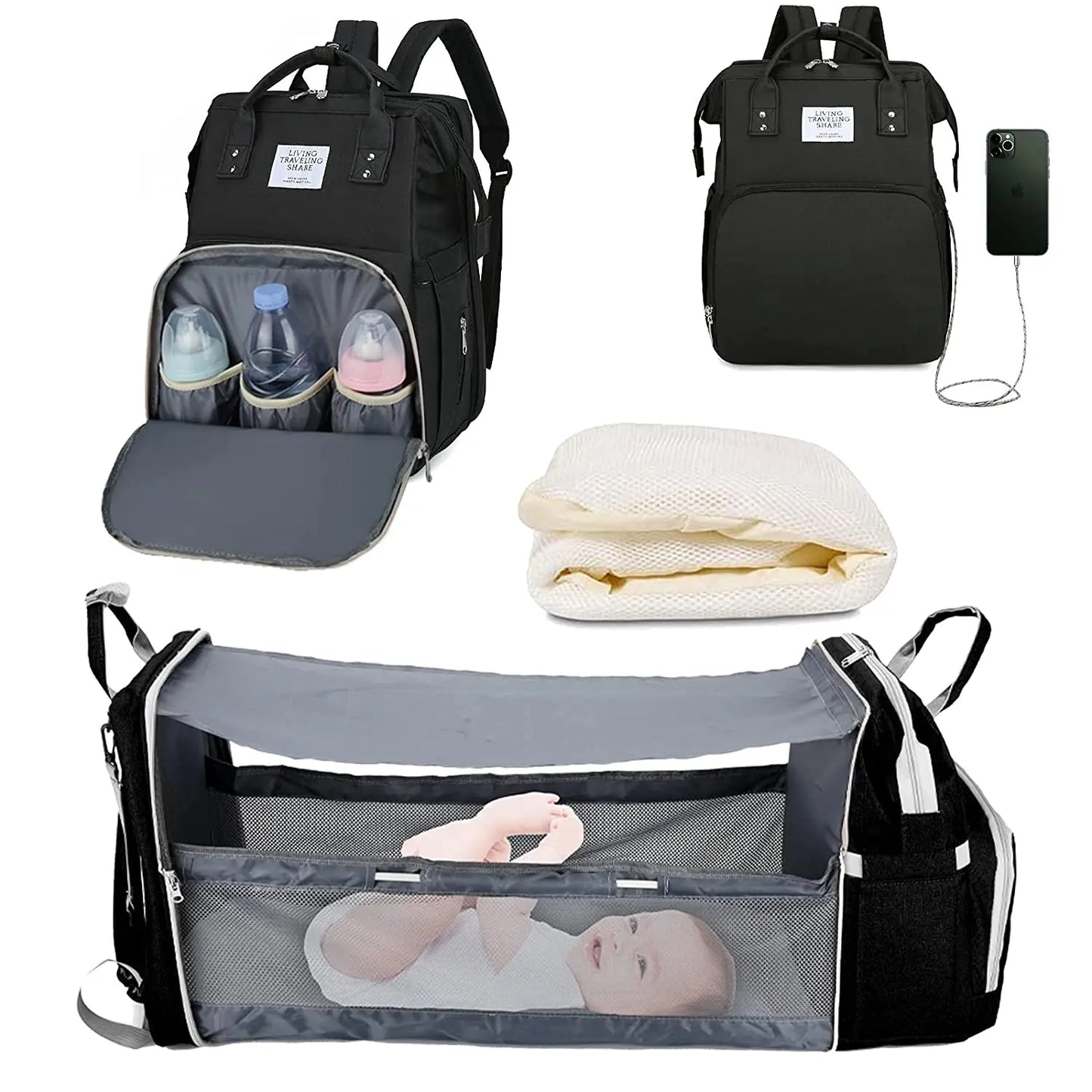 3 In 1 Diaper Bag Backpack Foldable Baby Bed with USB Charge