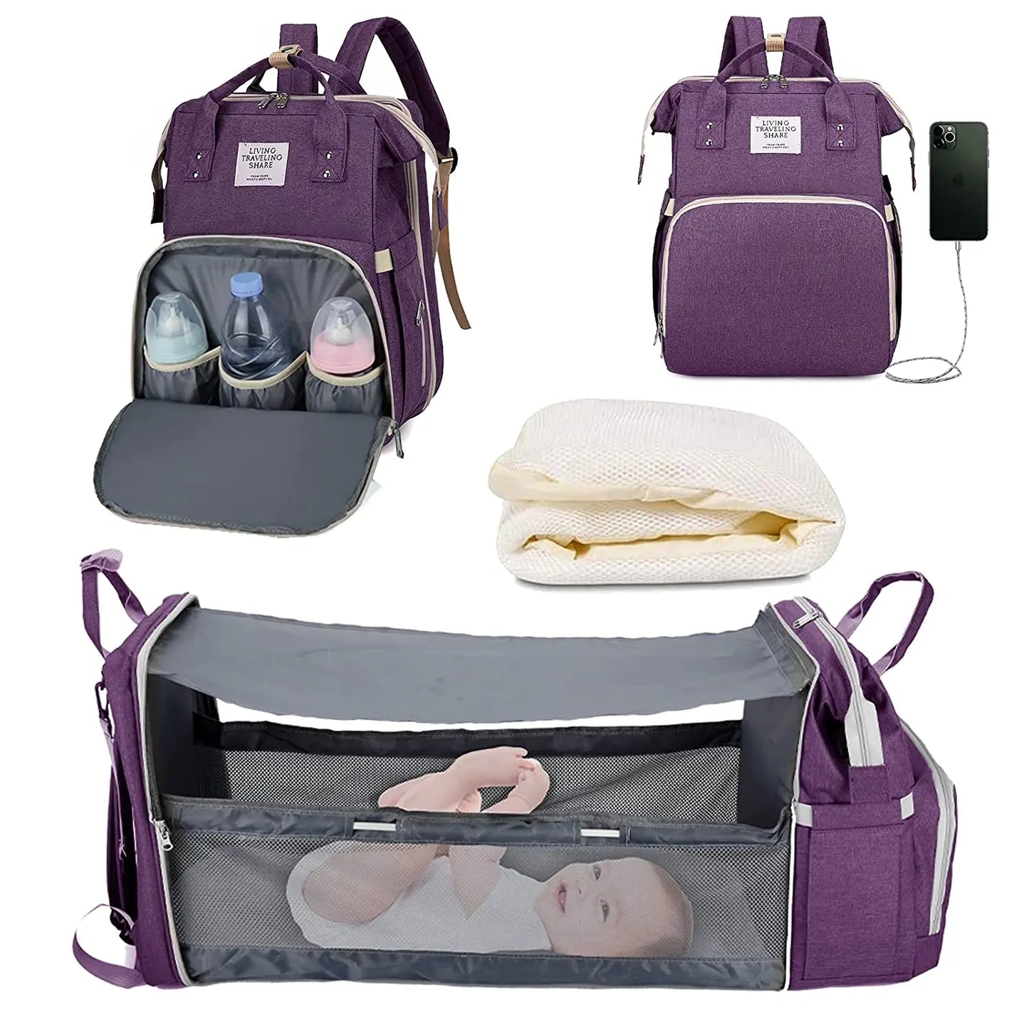 3 In 1 Diaper Bag Backpack Foldable Baby Bed with USB Charge