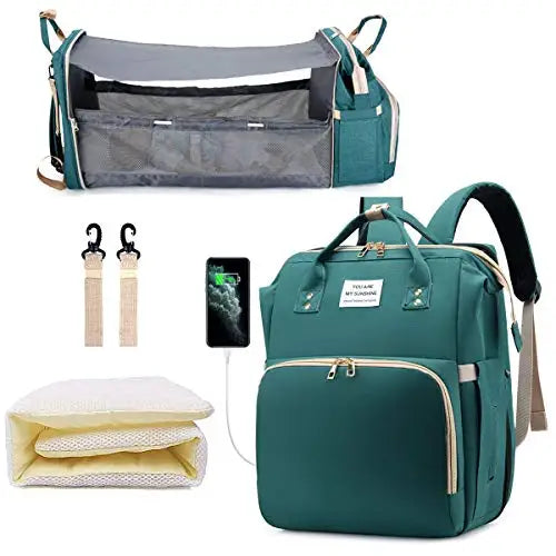 3 In 1 Diaper Bag Backpack Foldable Baby Bed with USB Charge
