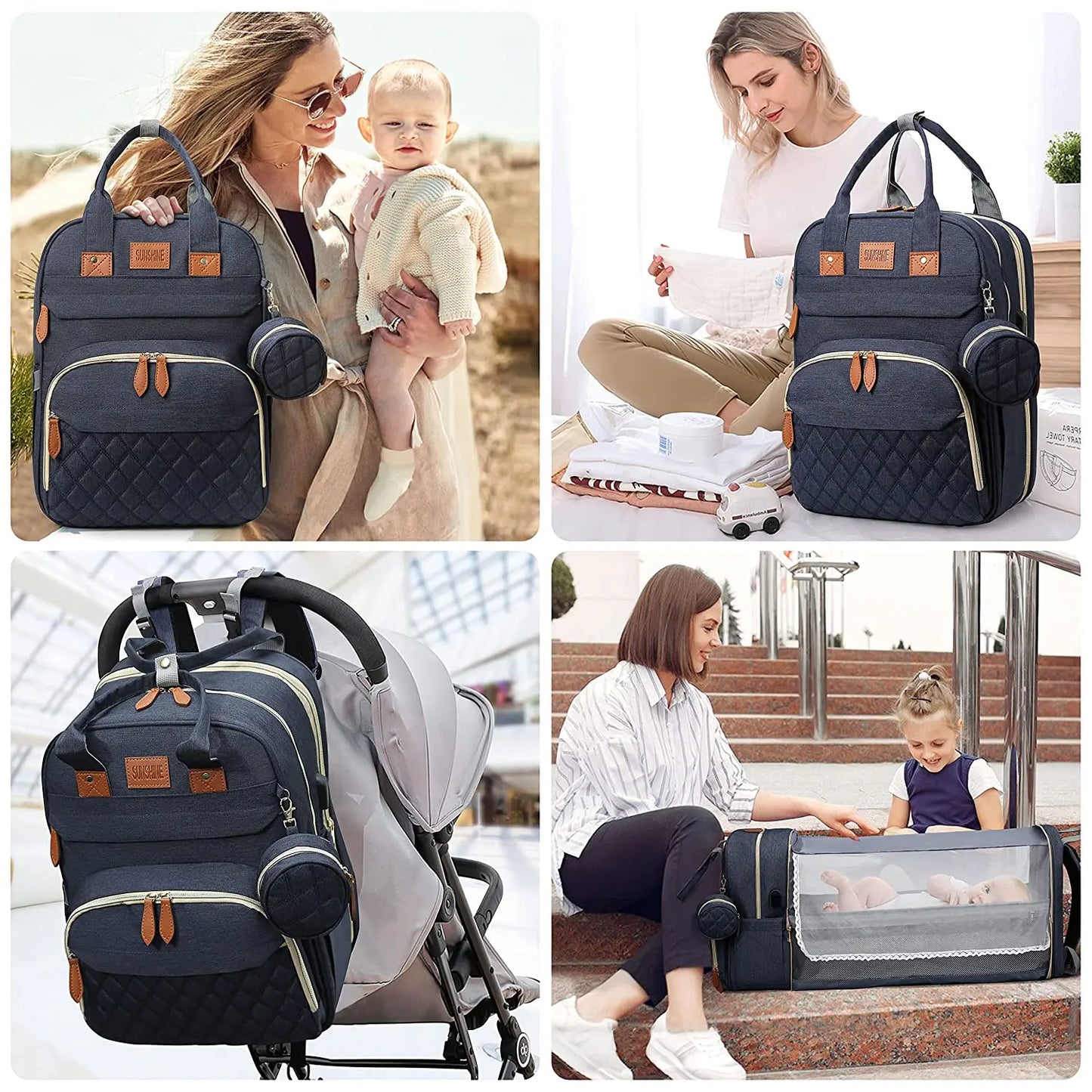 3 In 1 Diaper Bag Backpack Foldable Baby Bed with USB Charge
