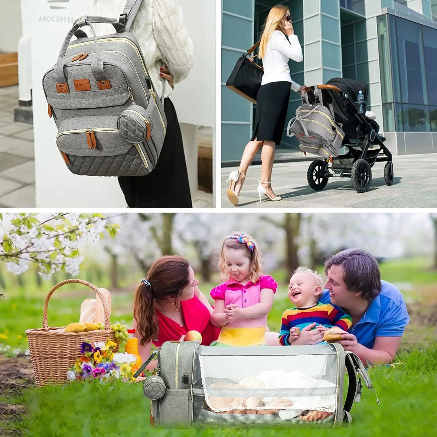 3 In 1 Diaper Bag Backpack Foldable Baby Bed with USB Charge