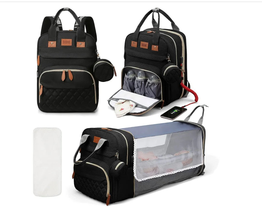 3 In 1 Diaper Bag Backpack Foldable Baby Bed with USB Charge