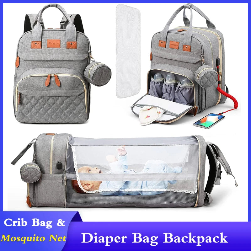 3 In 1 Diaper Bag Backpack Foldable Baby Bed with USB Charge
