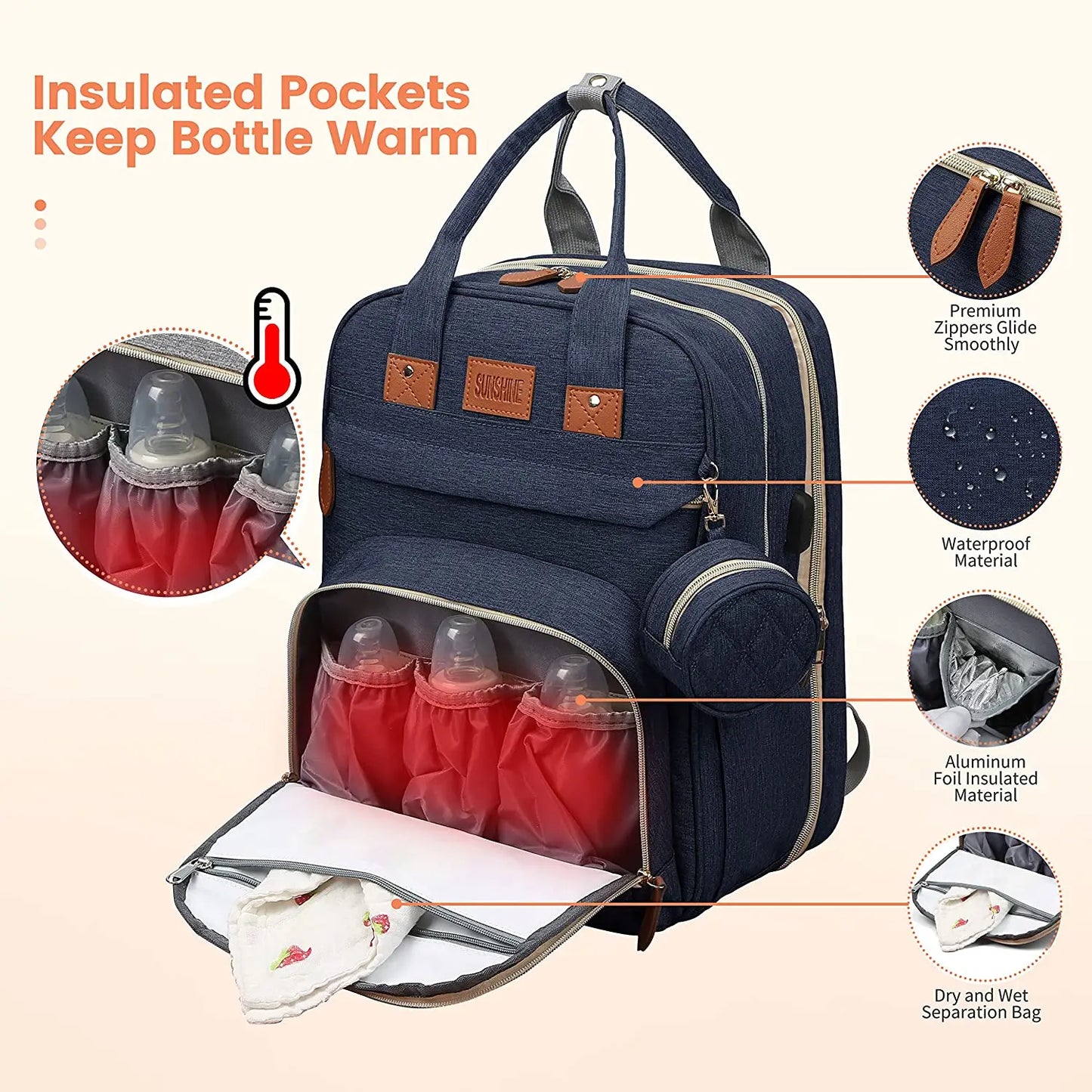 3 In 1 Diaper Bag Backpack Foldable Baby Bed with USB Charge