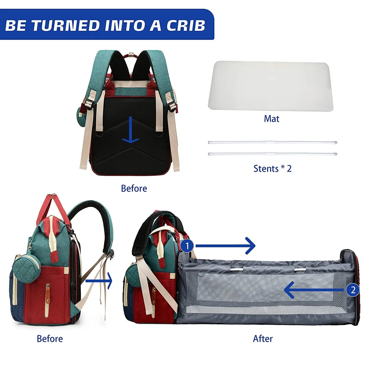 3 In 1 Diaper Bag Backpack Foldable Baby Bed with USB Charge