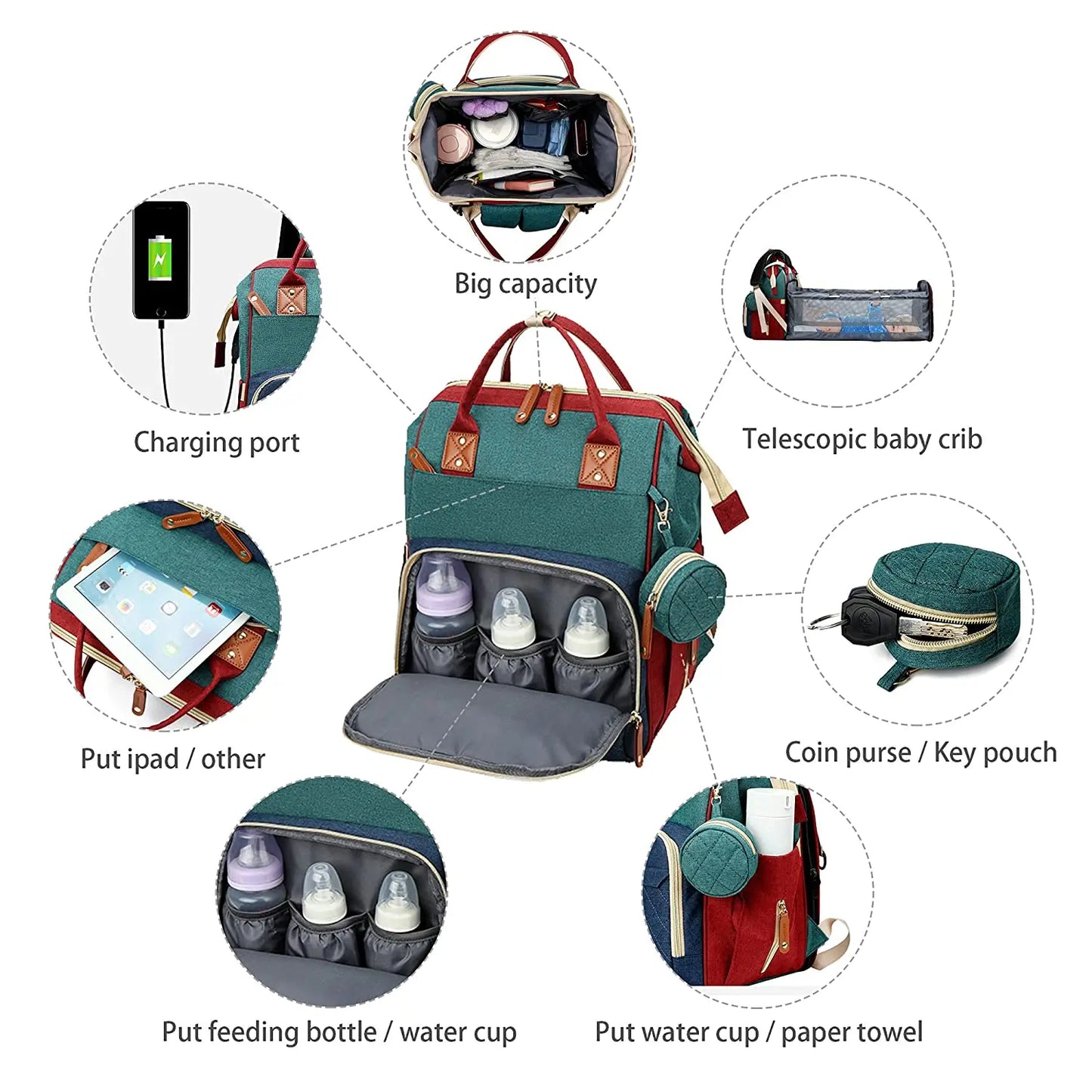 3 In 1 Diaper Bag Backpack Foldable Baby Bed with USB Charge