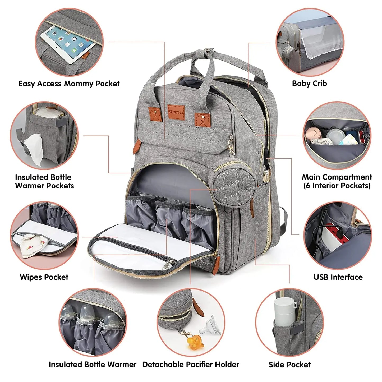 3 In 1 Diaper Bag Backpack Foldable Baby Bed with USB Charge